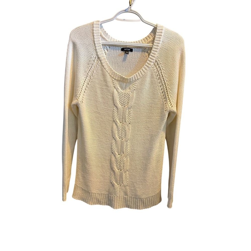 Apt 9 Womens Ivory Cable Knit V-Neck Sweater Chunky Pointelle Pullover Size L